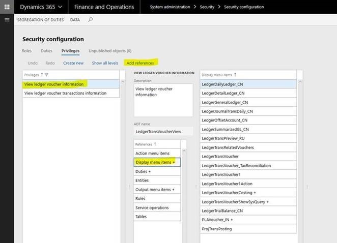 General Ledger Voucher Transaction Inquiry Access Issue - Navigating to the Security Configuration - Privileges screen